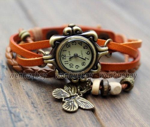 Retro Butterfly Light Brown Weave Wrap Leather Bracelet Bangle Watch